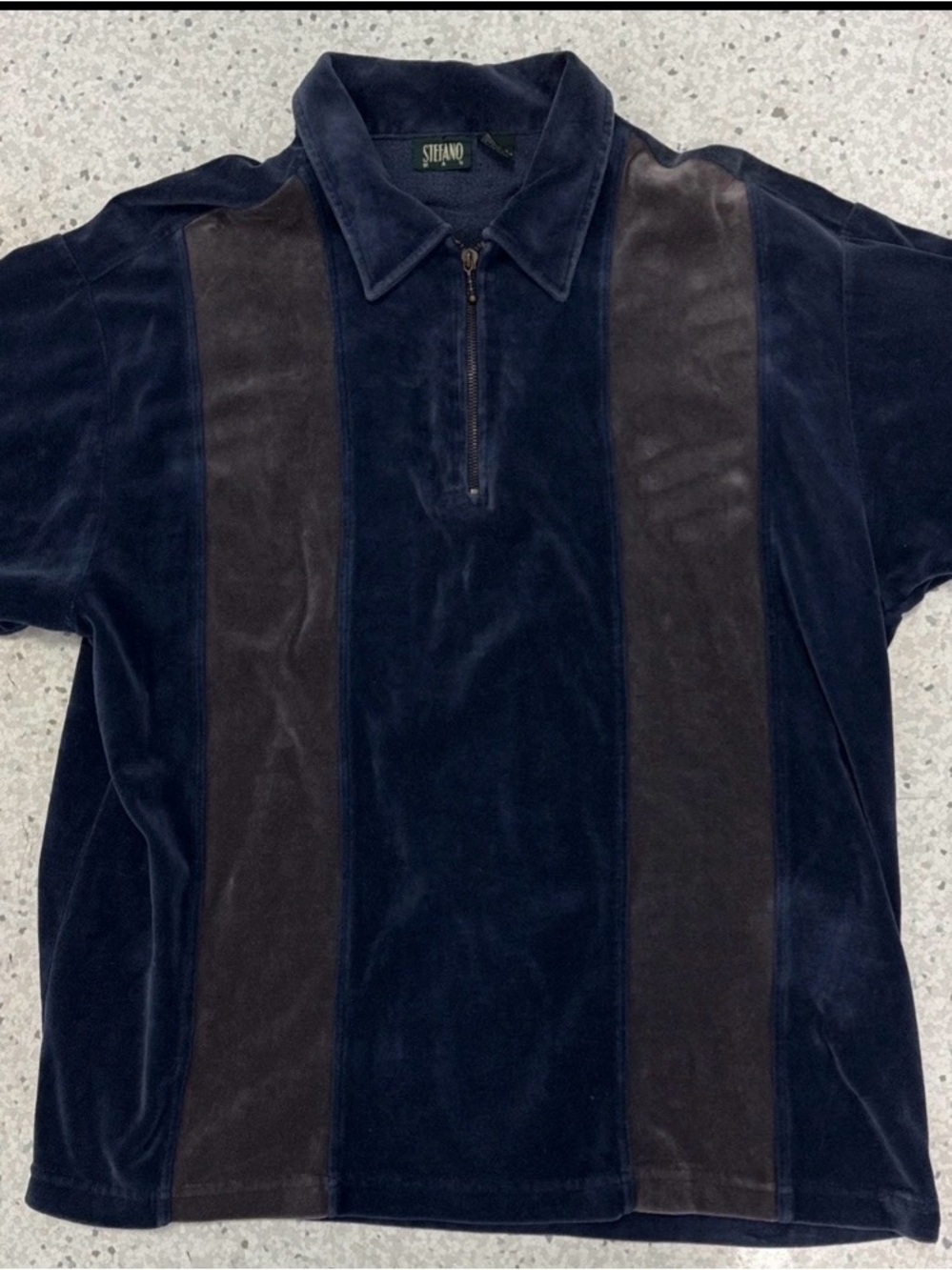 Stefano Man Navy & Grey Velvet Quarter-Zip Polo: Size Large